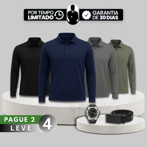 [Leve 4, Pague Só 2] Camisa Polo Masculina Polaris de Manga Longa Forrada em Poliéster e Fleece com Elastano + Relógio e Cinto GRÁTIS