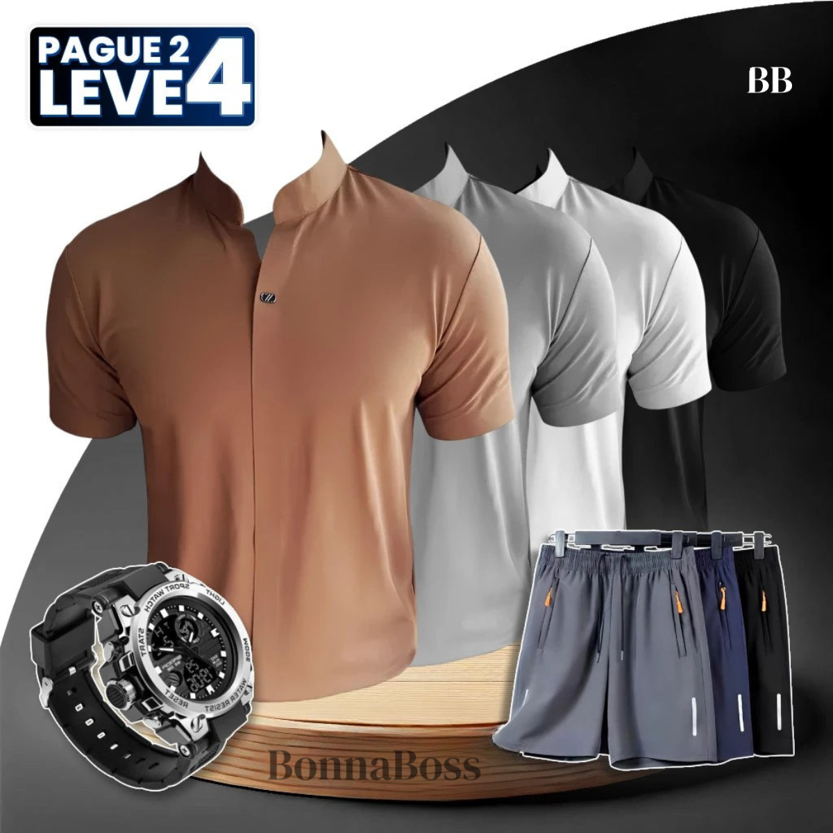 [Pague 2, Leve 4] Camisa Polo Casual Domirax em Seda Gelo e Poliéster + BRINDES: 3 Bermudas e Relógio Tático